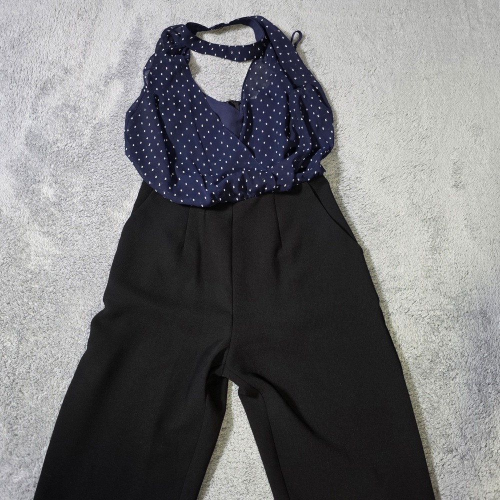 BCBGeneration Womens 2 Jumpsuit Navy Black Polka Dot Halter Wide Leg Pockets